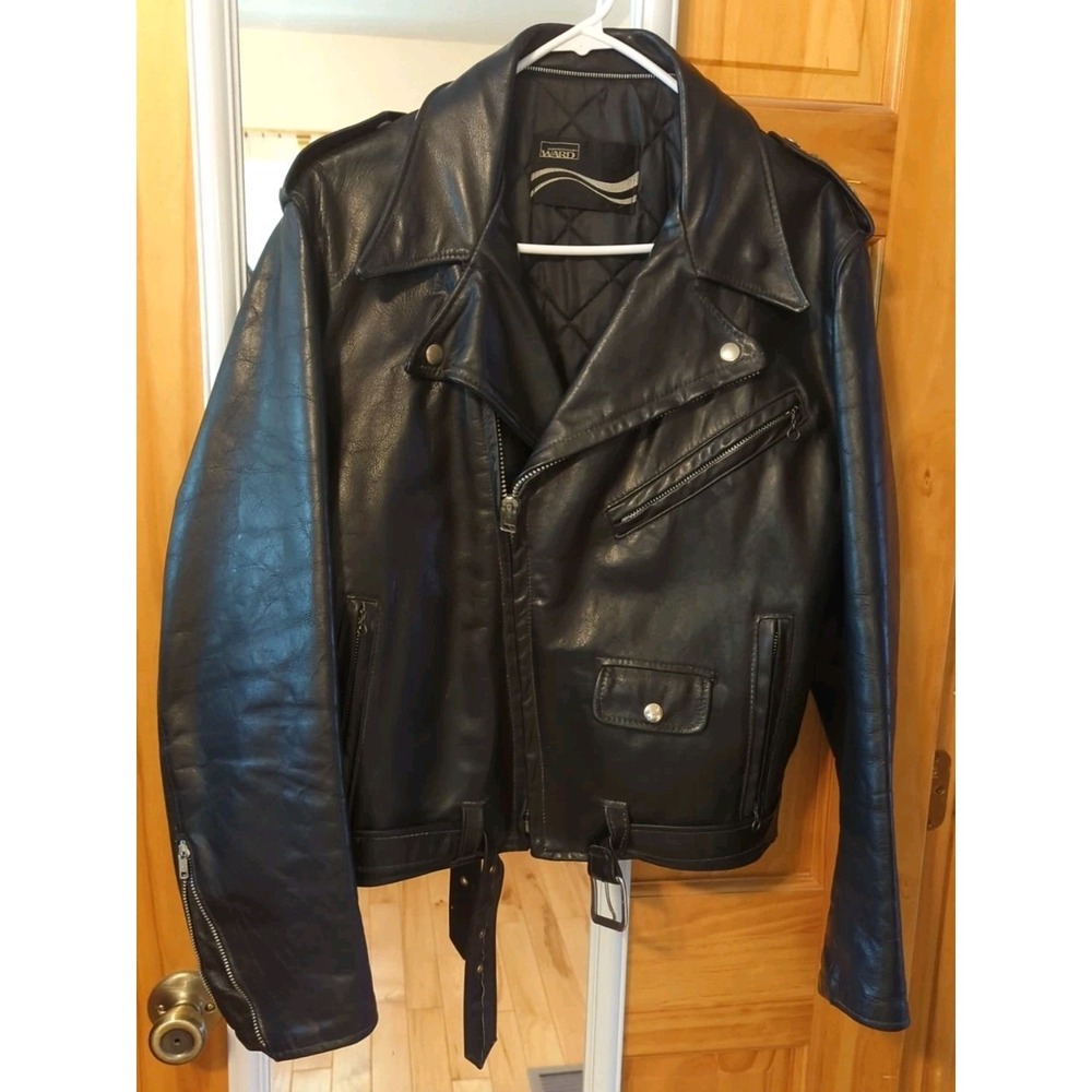 Vintage Montgomery Ward USA Black Leather Motorcycle Moto Biker Jacket Chest 40